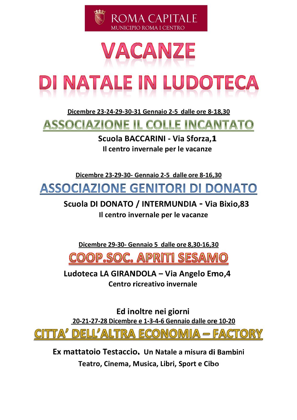 MUNICIPIO I, A NATALE LUDOTECHE APERTE PER I PIU’ PICCOLI